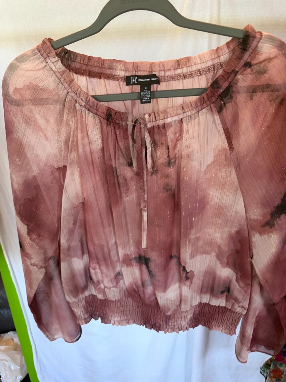 INC International Concepts Mauve Watercolor Metallic Stripe Smocked Blouse M